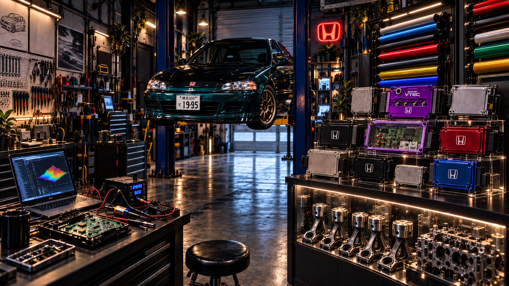 The NineDFive garage — the Civic on the lift between the tuning bench, vinyl wall, display case and poster wall