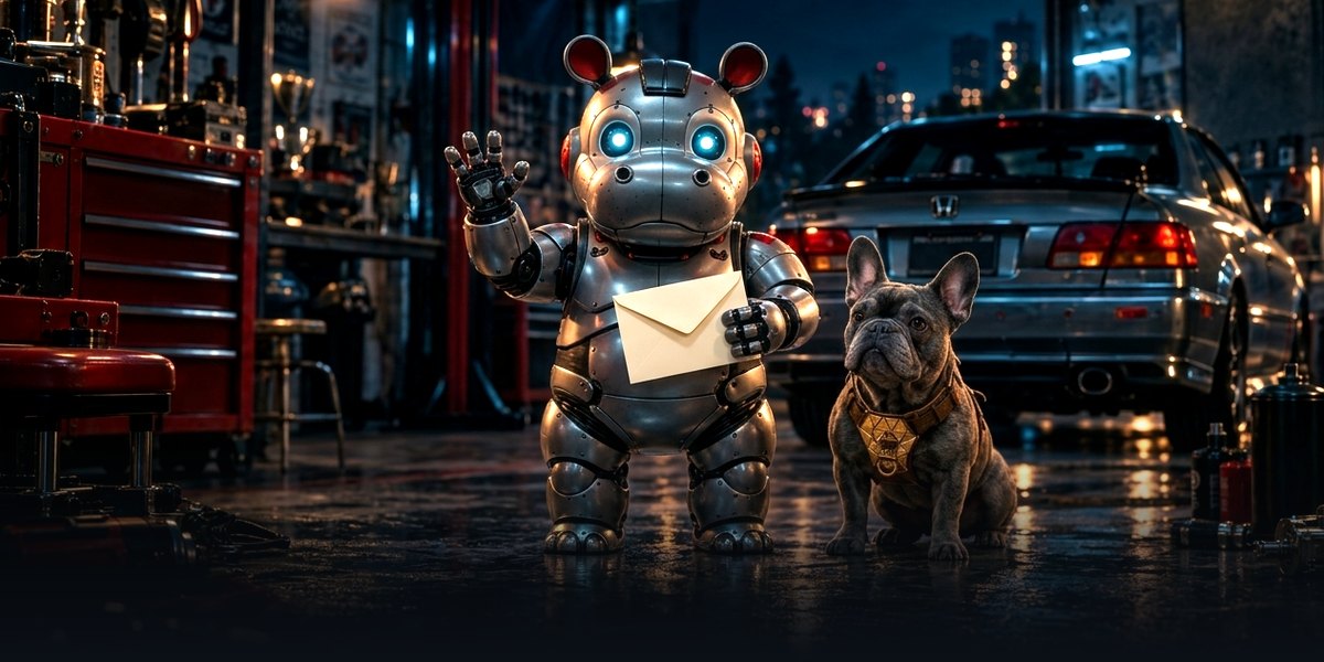 Hank the chrome hippo waving from the garage