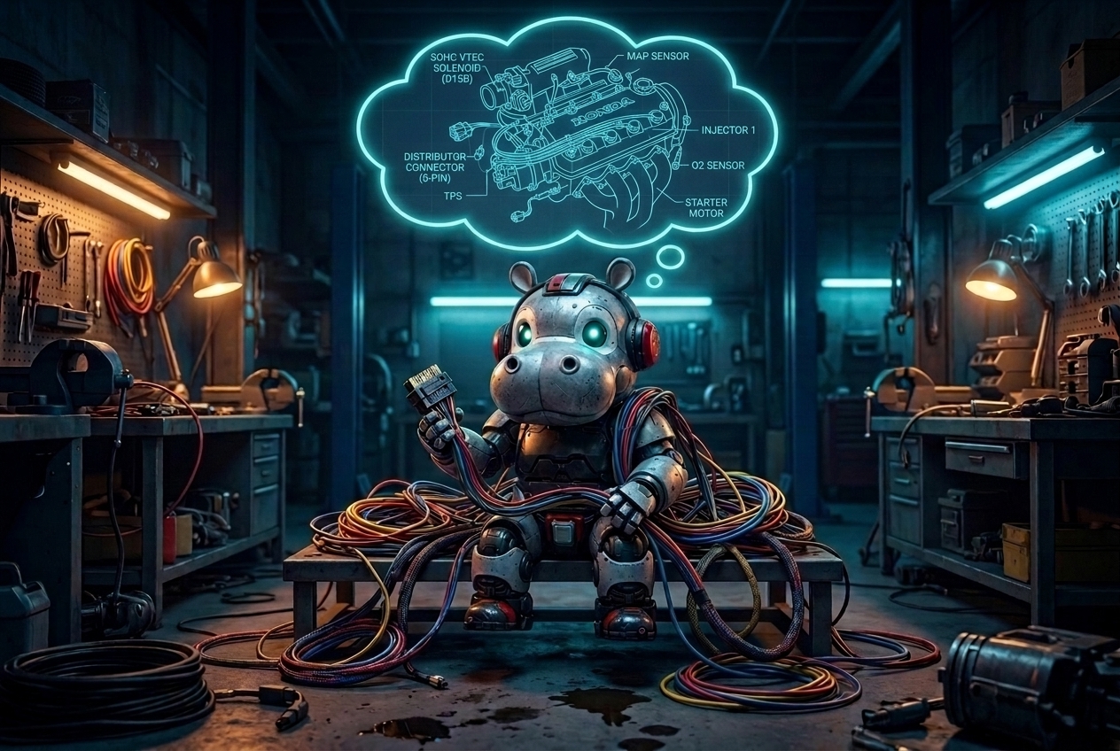 Hank the chrome hippo at a workbench buried in colorful wiring looms, dreaming of a perfectly tucked blueprint harness
