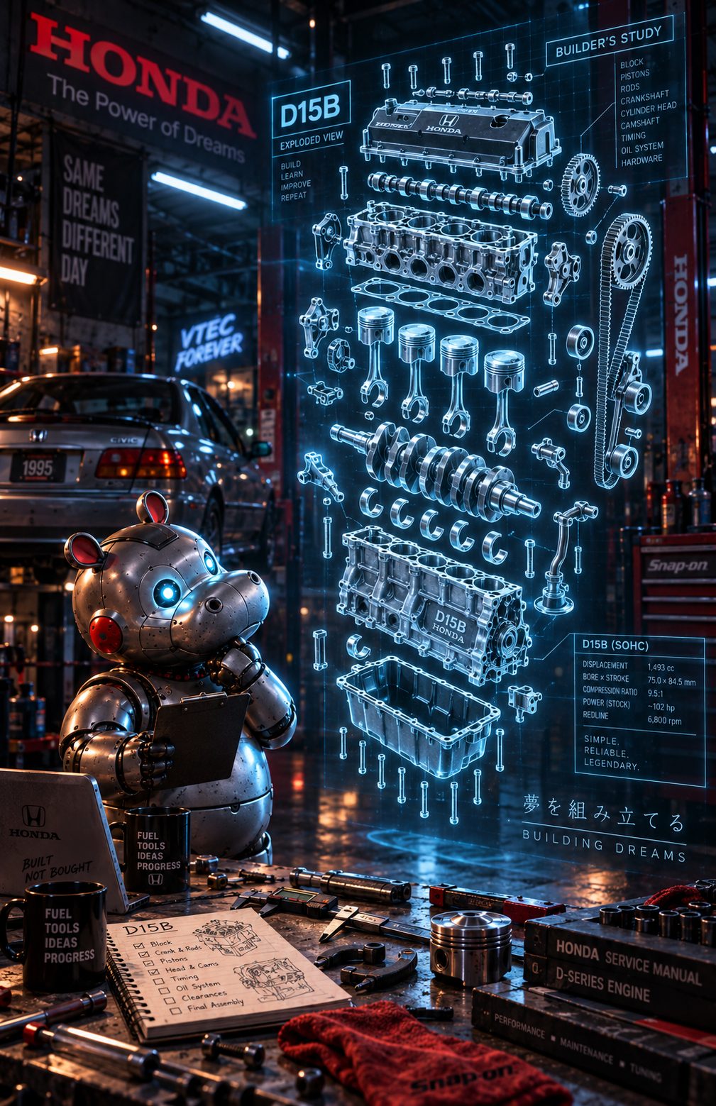 Hank the robot mechanic with a clipboard beside a holographic exploded view of the D15B engine