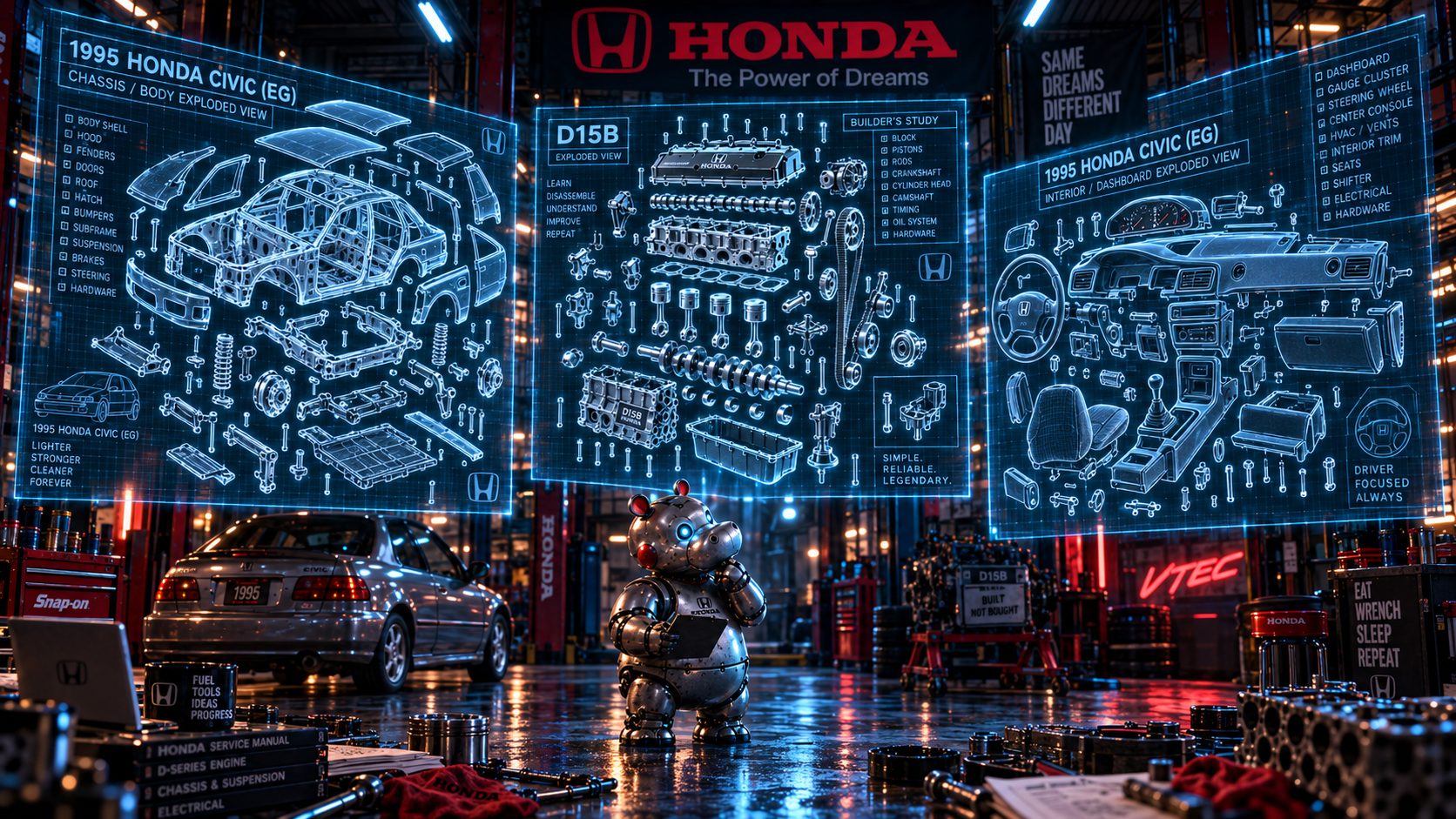 Hank the robot mechanic studying holographic exploded-view diagrams of the D15B engine and EG Civic