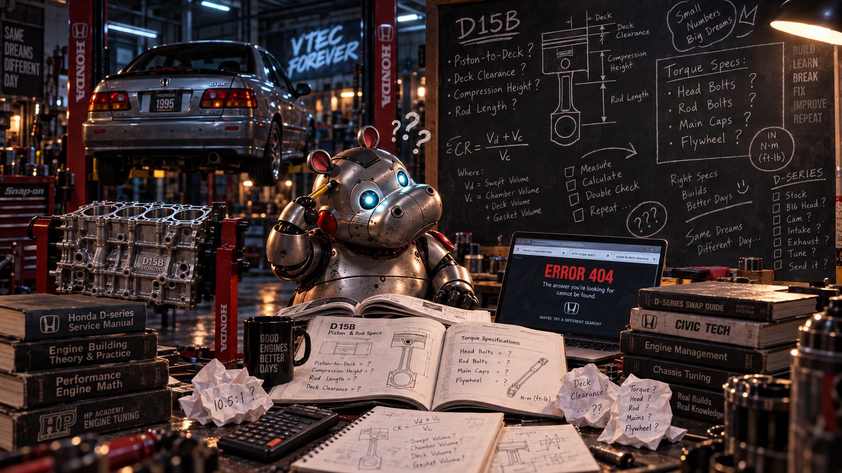 Hank the robot mechanic at a chalkboard of torque specs beside factory service manuals