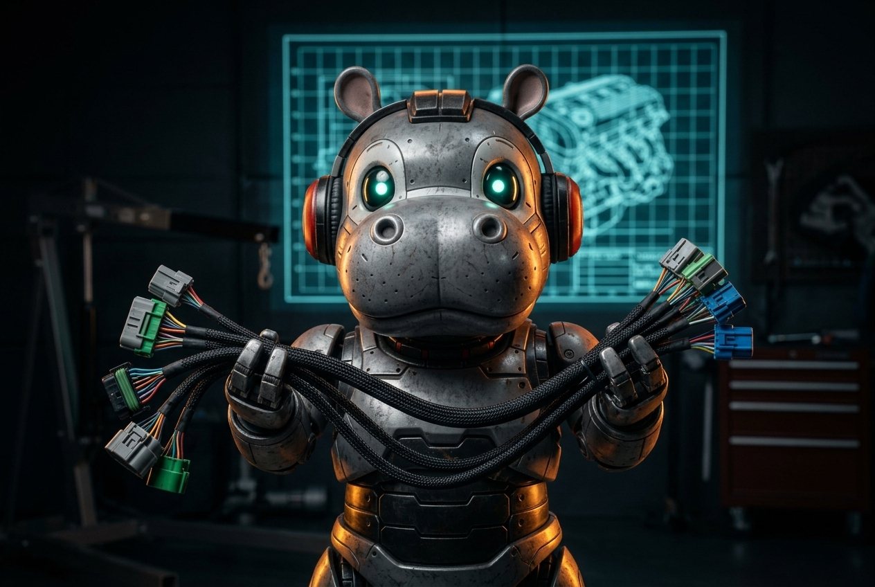 Hank the robot mechanic proudly holding a freshly tucked D15B engine harness, connectors fanned out