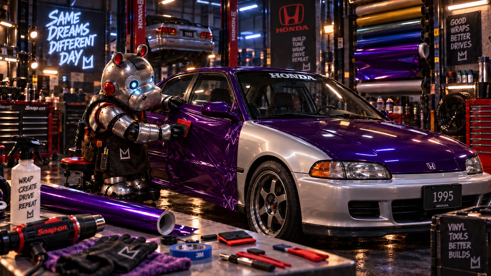 Hank the robot mechanic laying vinyl wrap on a Honda Civic in the workshop