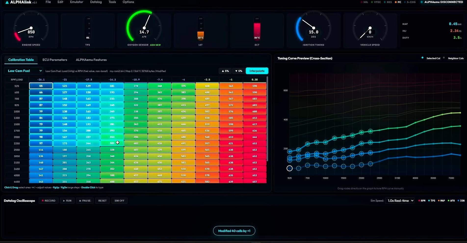 ALPHAlink Tuning Studio v0.1 — live gauges, Low Cam Fuel calibration table, tuning curve preview and datalog oscilloscope