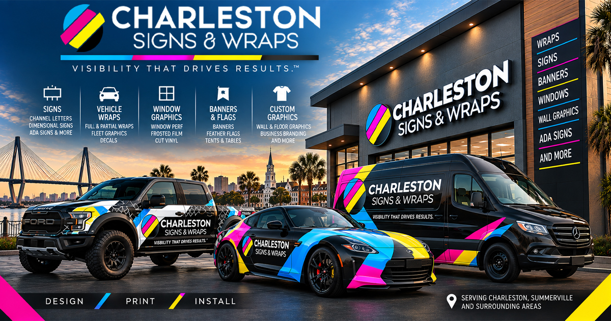 Charleston Signs & Wraps fleet — wrapped truck, sports car and sprinter van outside the shop