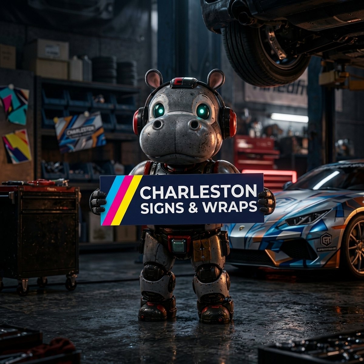 Hank the chrome hippo holding a Charleston Signs & Wraps sign in the night garage