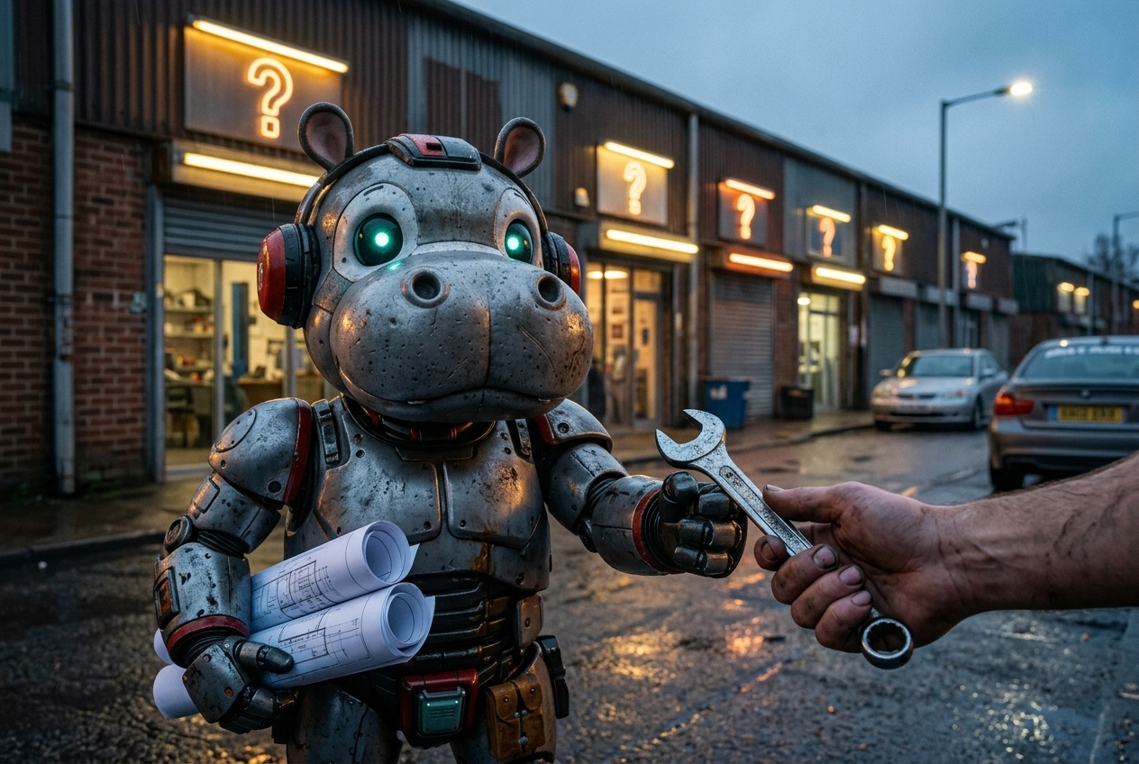 Hank the robot mechanic holding blueprint plans on a street of storefronts with question-mark signs, his robot hand passing a wrench to a human hand
