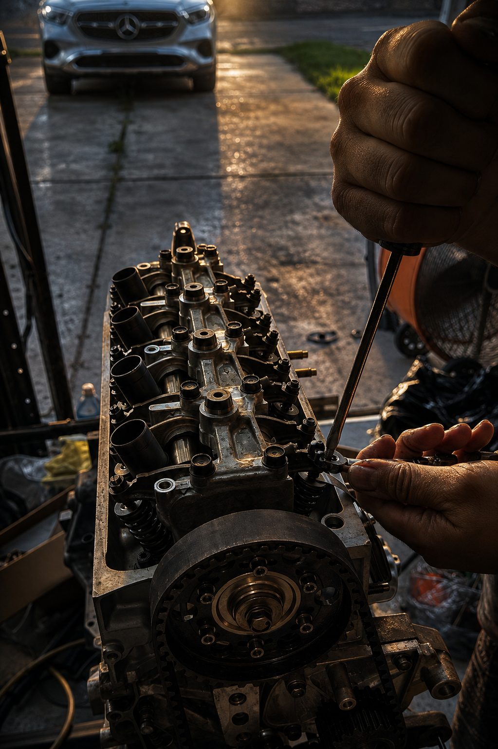 Hands setting the head on the stand at sunset, cam gear up front