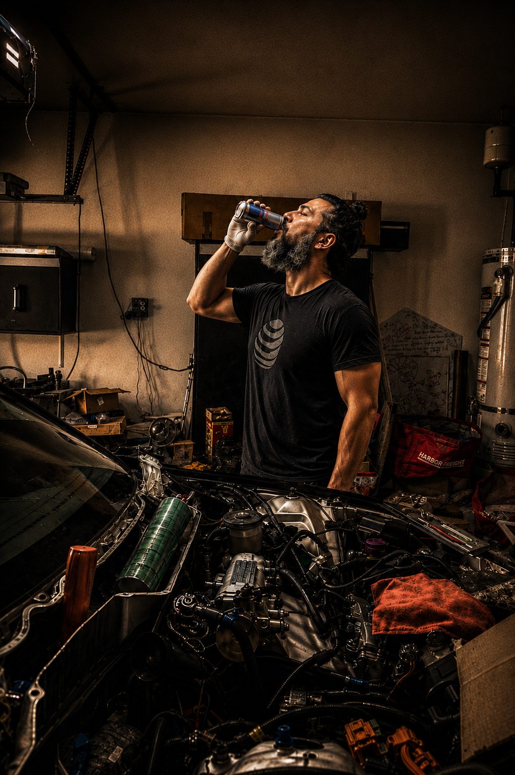 His father taking a midnight break over the engine bay