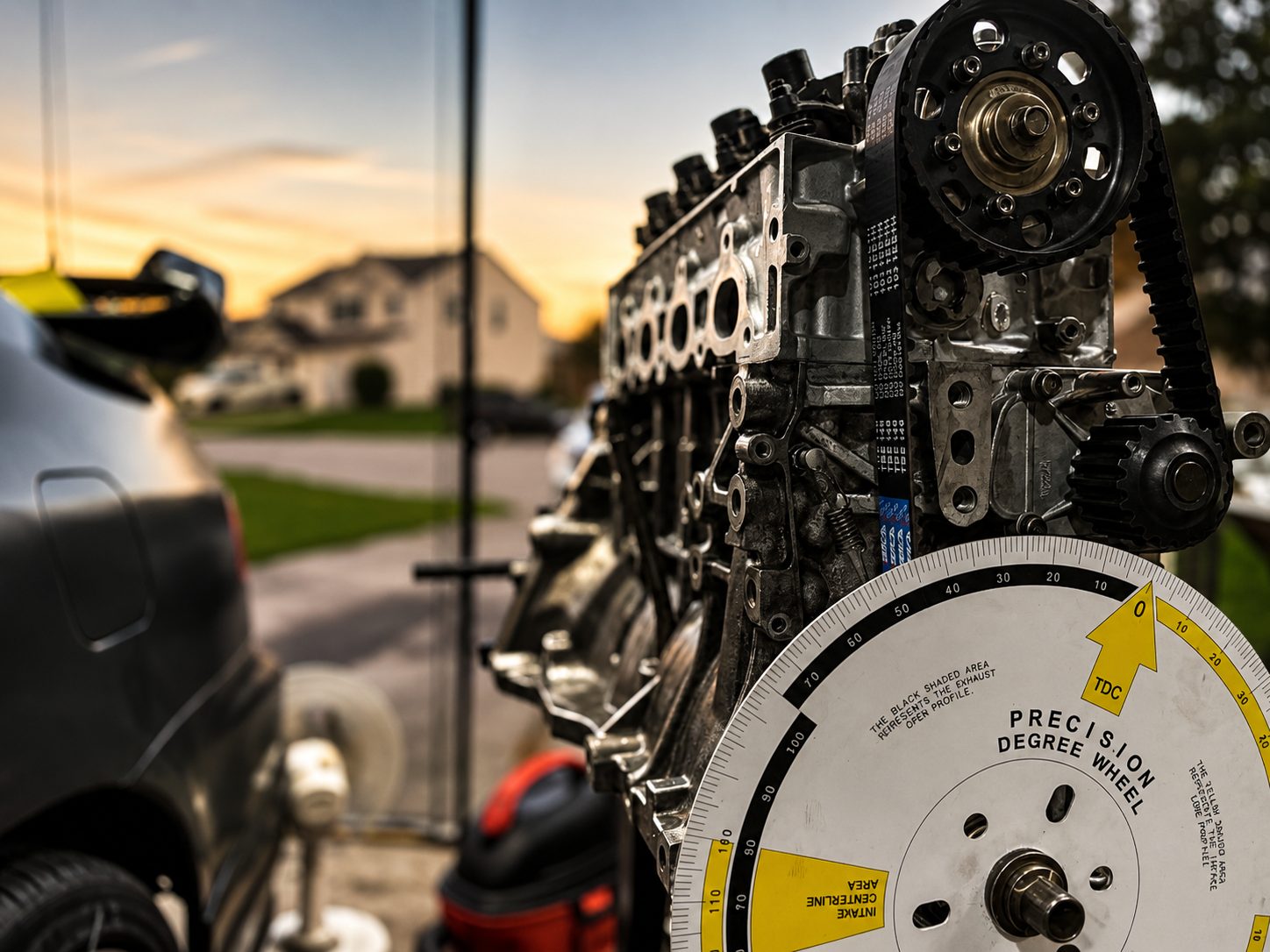 The assembled D15B with its fresh timing belt and the precision degree wheel at sunset