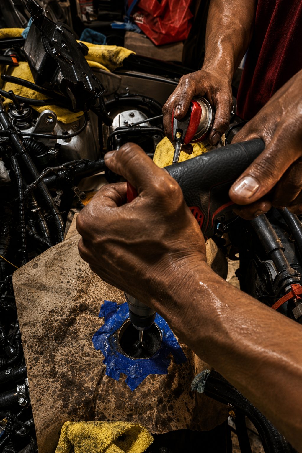 Hands drilling the core support, oil can and blue painter's tape marking the spot