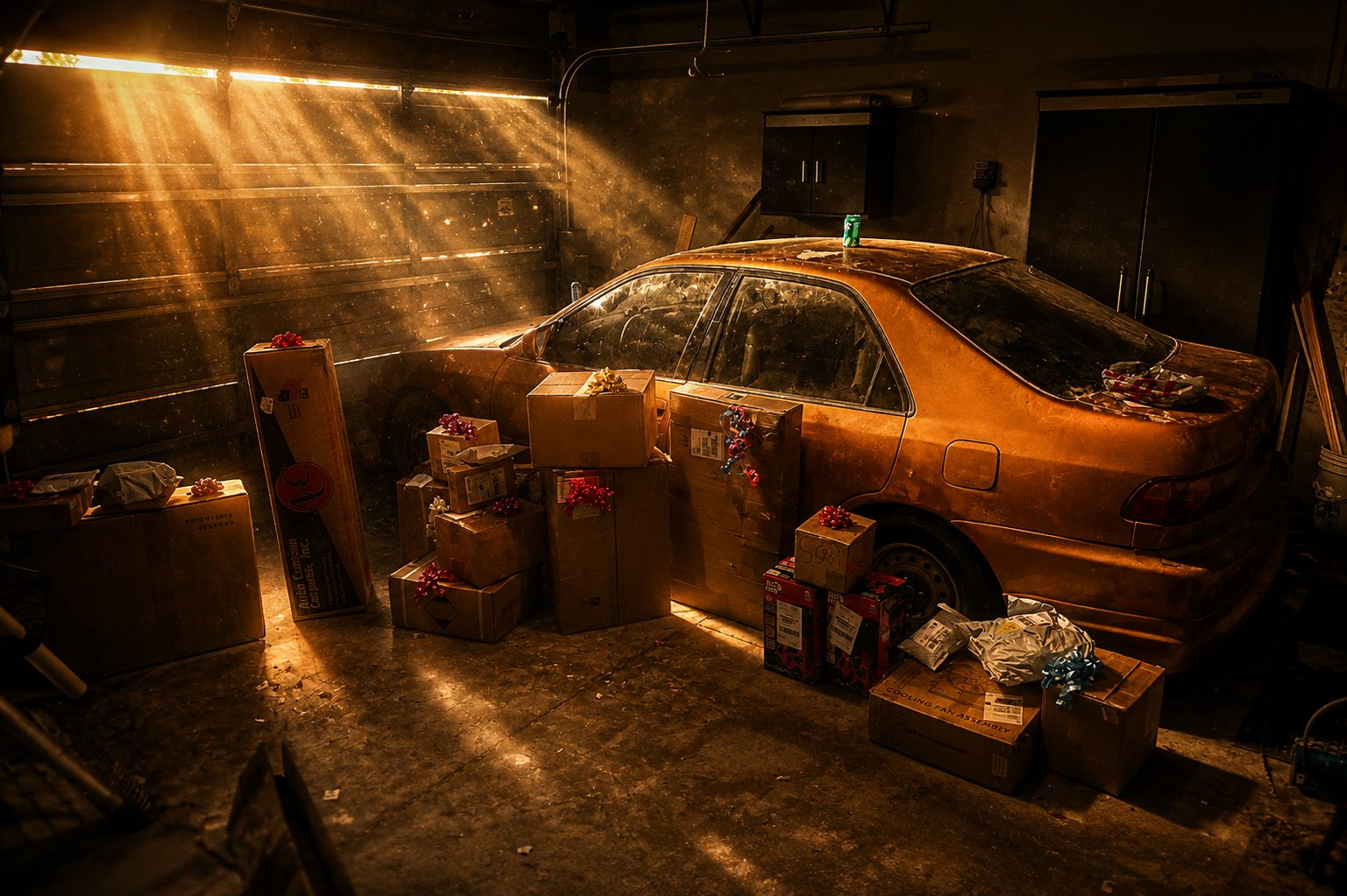 The Civic sleeping in the garage under twenty years of dust and light shafts, boxes piled around it