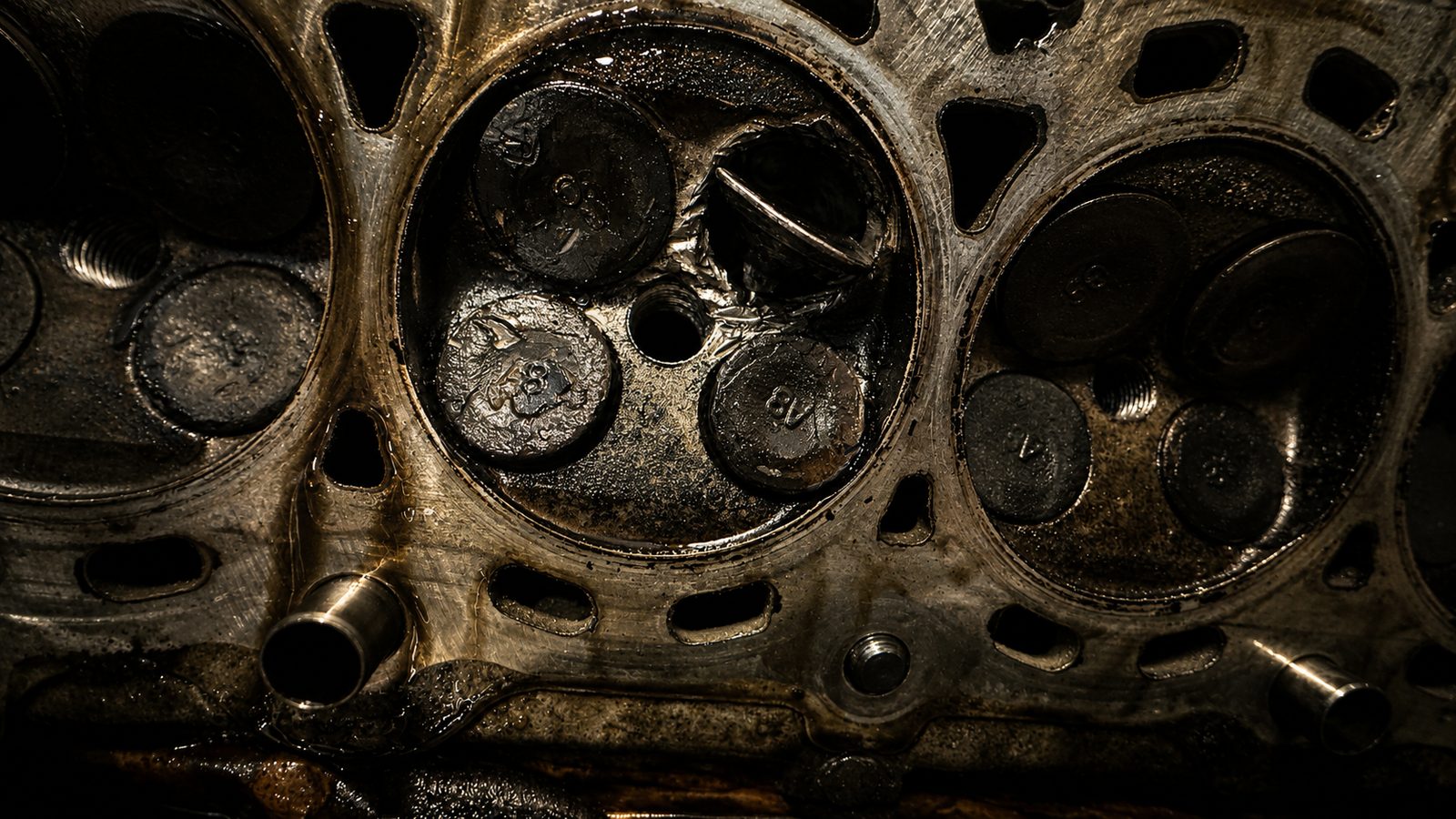 Close-up of the combustion chamber the lean mixture burned, valve seat damaged