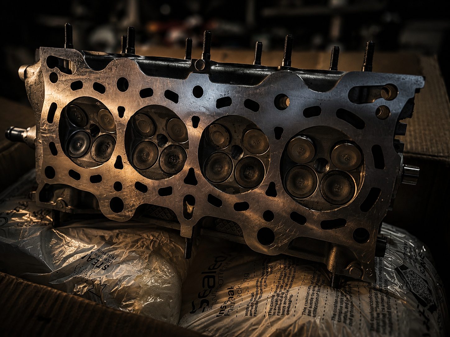 The decked cylinder head resting in its box, four chambers clean
