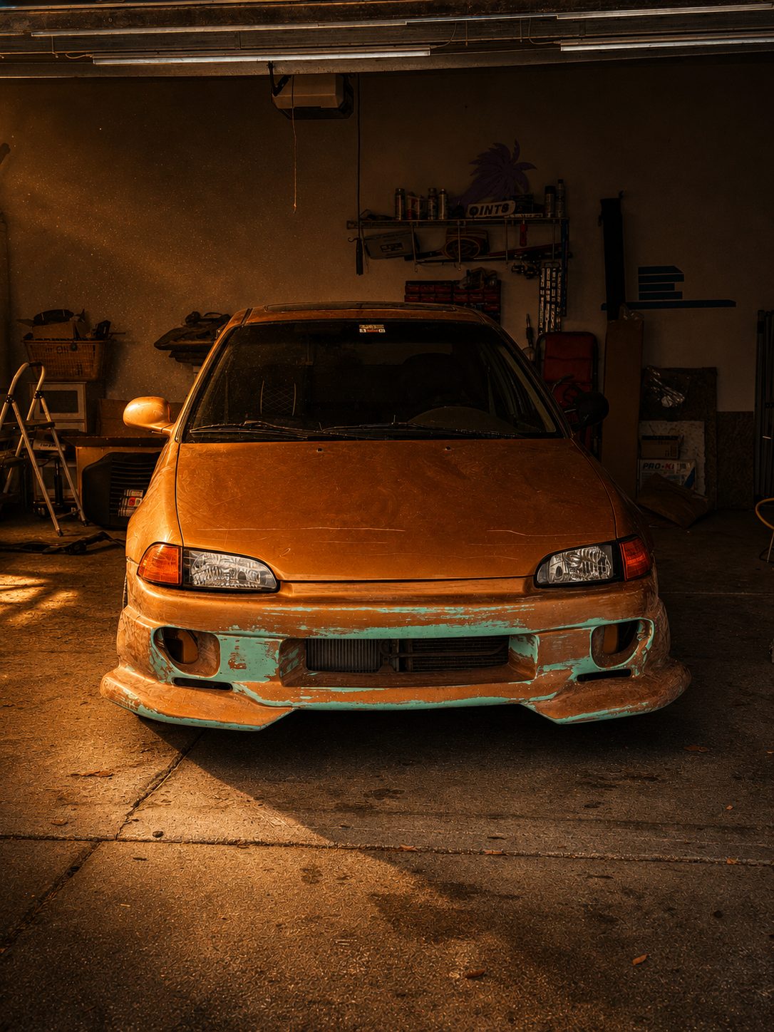 The Civic buttoned up in primer with fresh headlights, waiting for the key