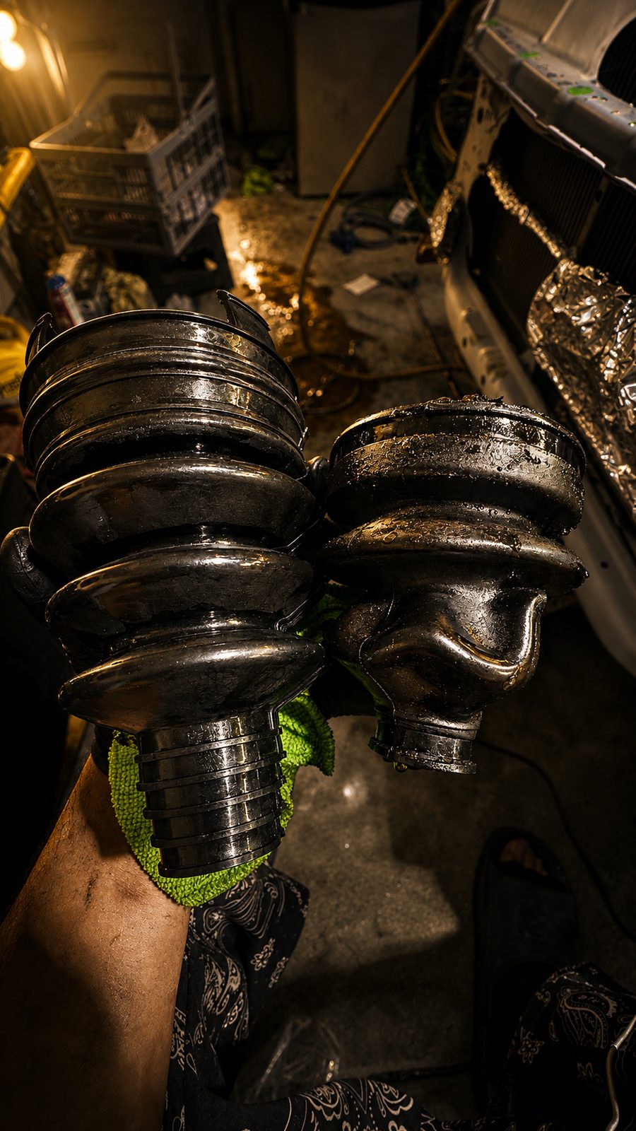 The old crankshaft held up in a green glove for inspection