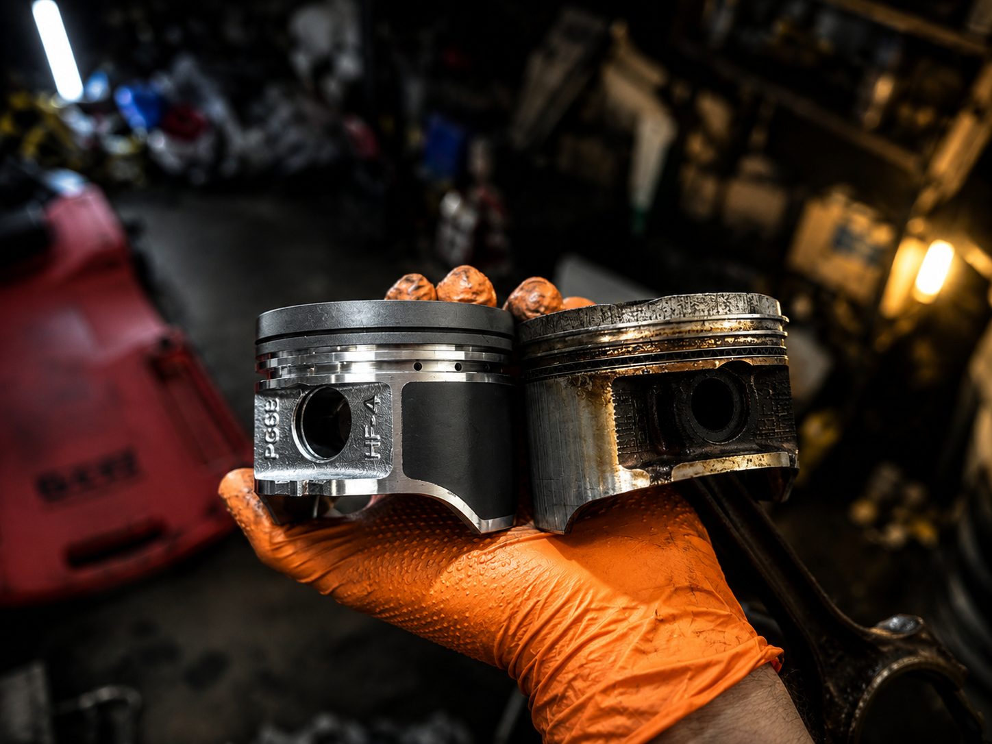 An orange glove holding the new PG6B piston beside the old carboned one