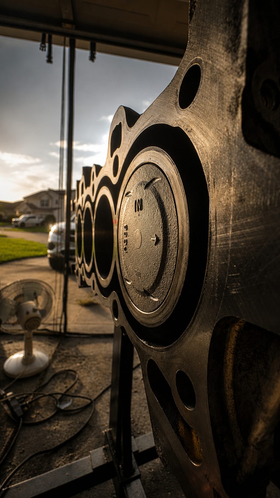 The block on its stand at sunset, four fresh pistons installed in the bores