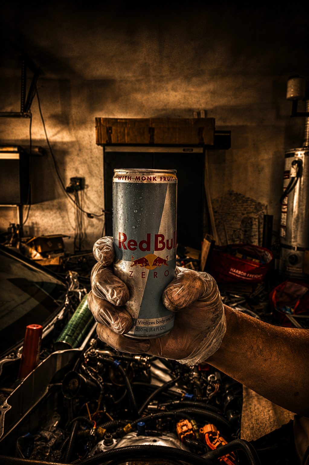 A gloved hand holding the can that powered the late shifts