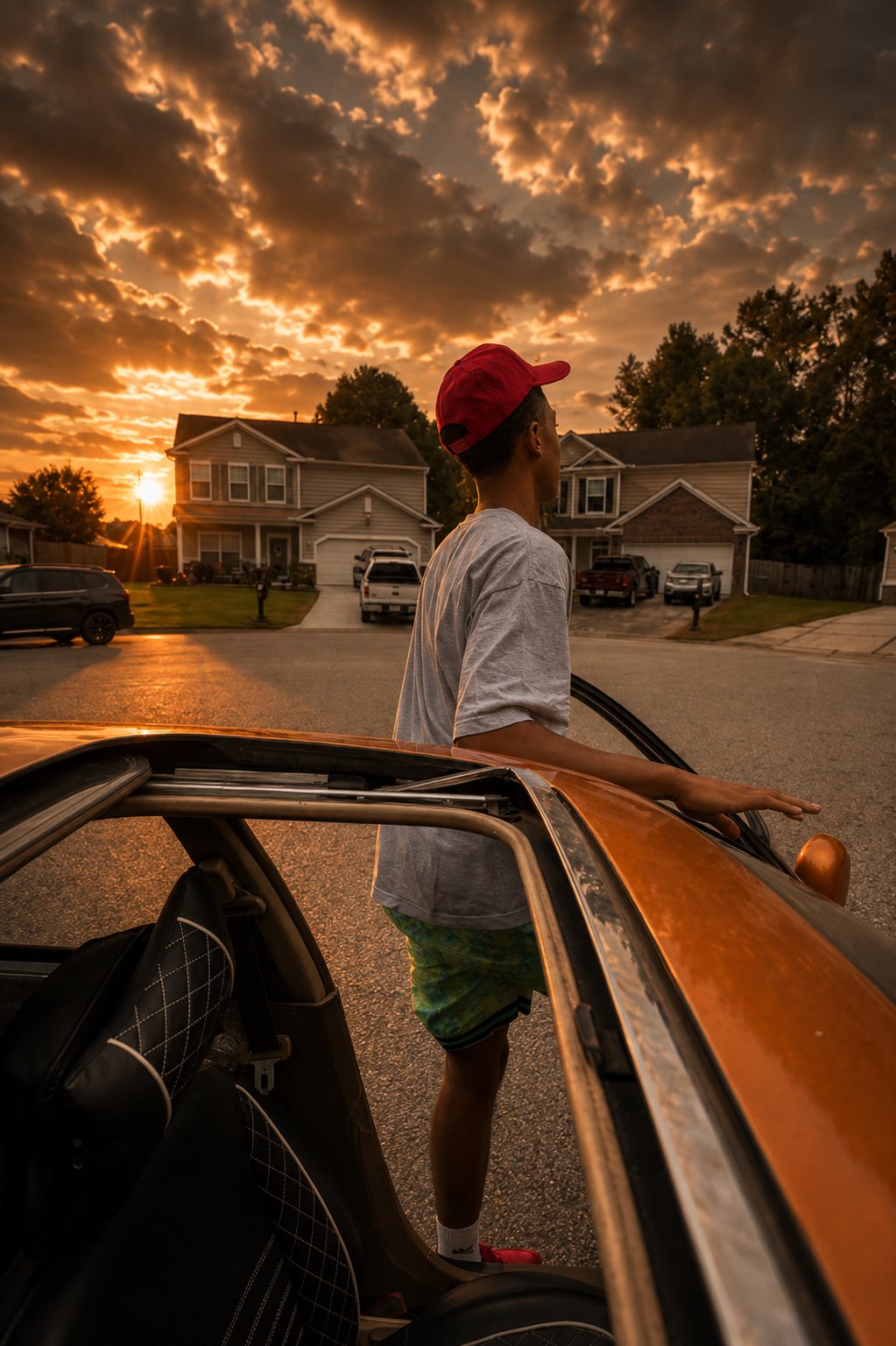 His son at the open door of the stripped Civic at sunset