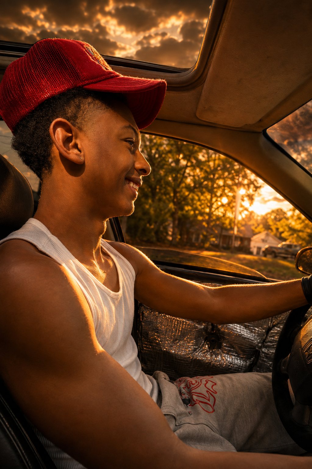 His son behind the wheel at golden hour, work glove still on one hand