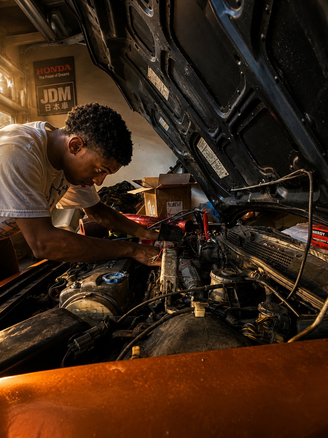 His son wrenching in the D15B engine bay, Honda and JDM posters on the garage wall