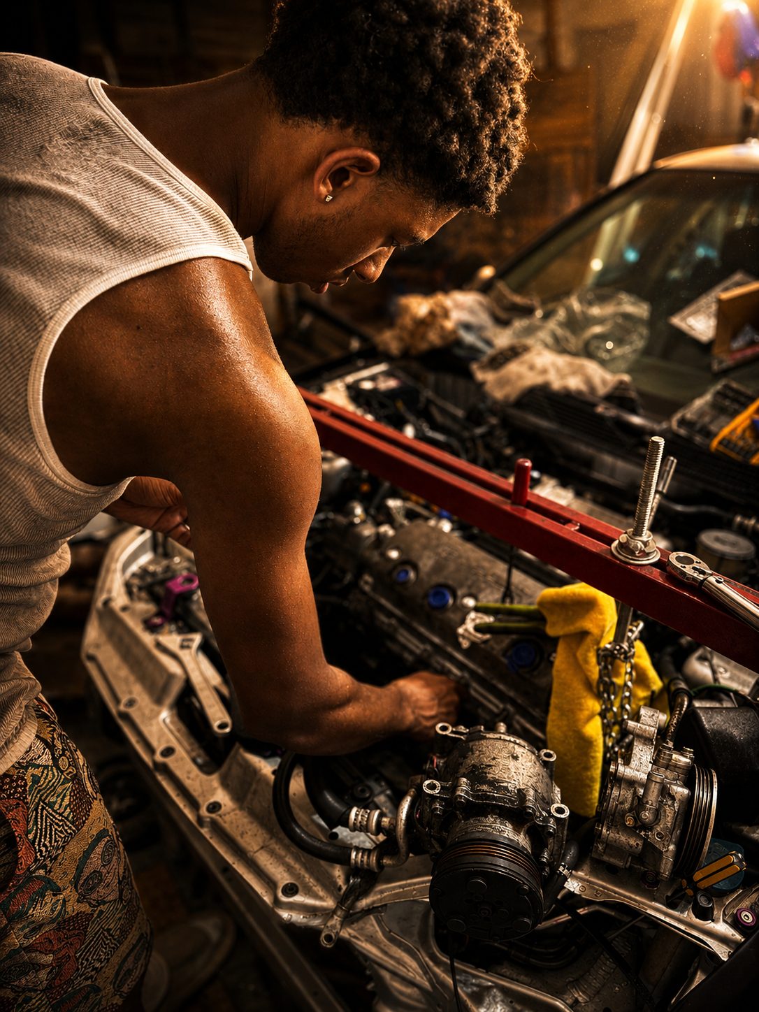 His son deep in the engine bay of the torn-down car
