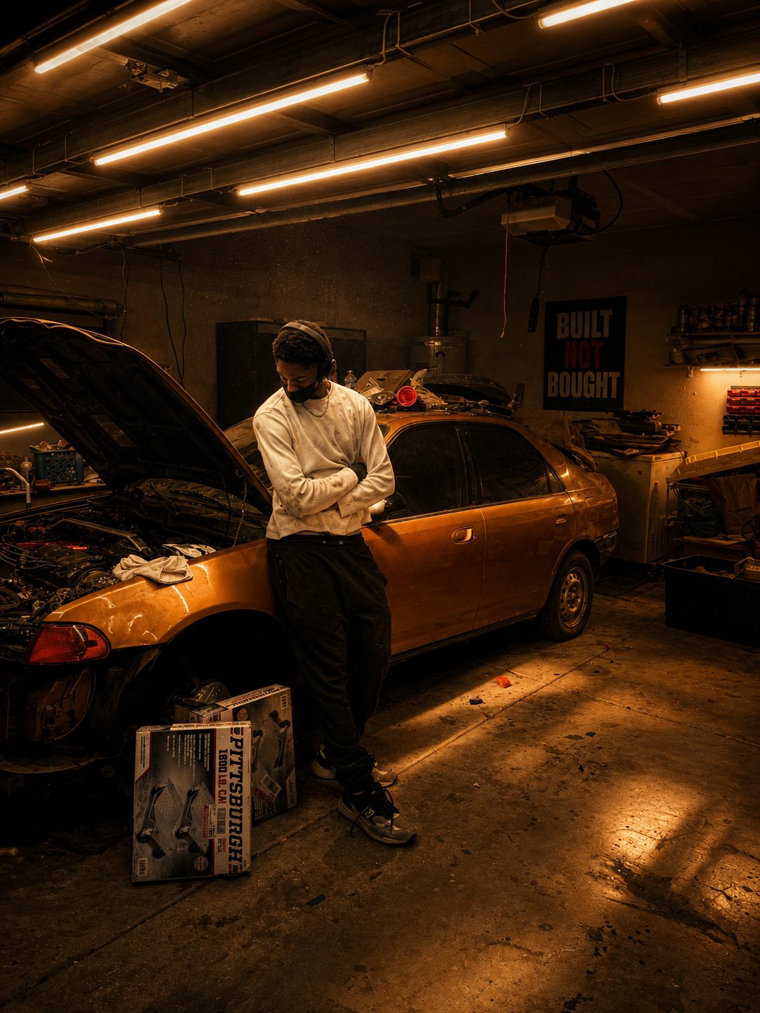 His son leaning on the fender, hood open, a Built Not Bought poster on the wall