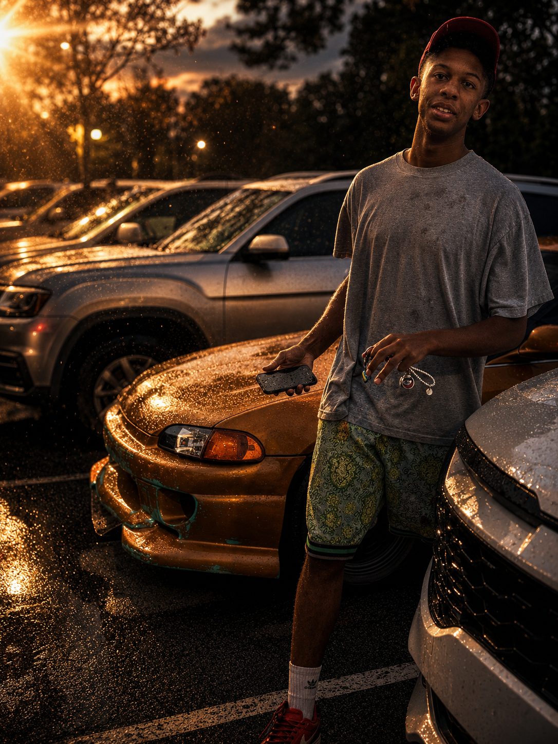 His son leaning on the Civic in a rain-sparkled parking lot, keys in hand