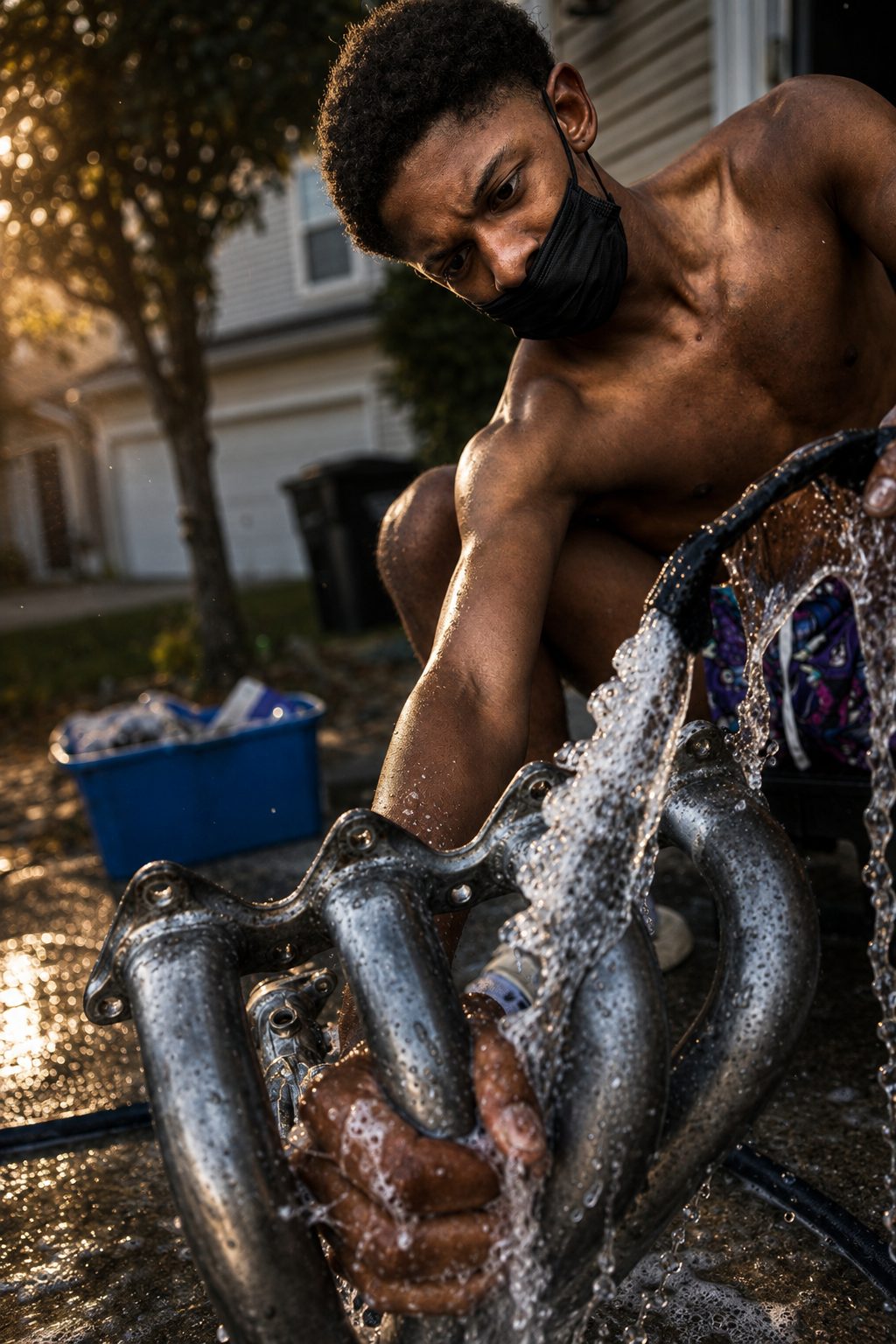 His son pressure-washing the intake manifold until it shone
