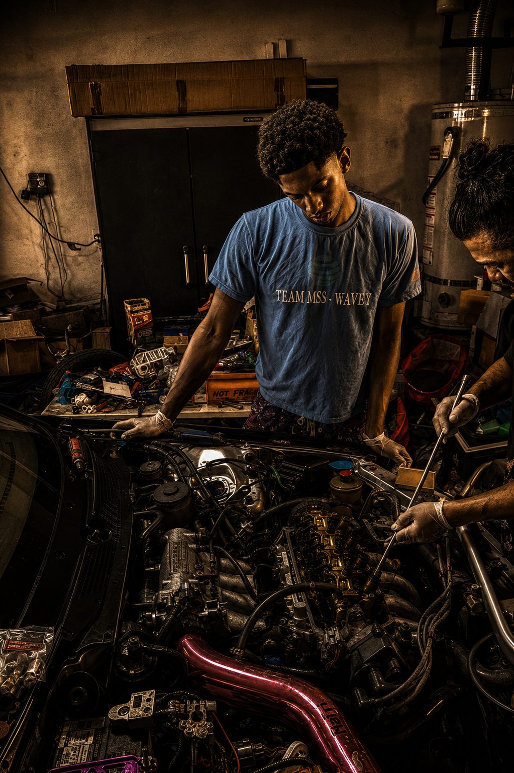 Father and son working the Civic's engine bay together on day one of the rebuild