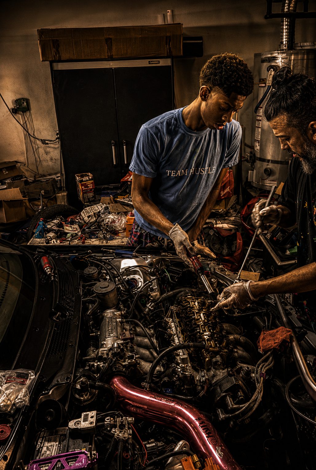 Father and son setting the valvetrain together, valve cover off, glove on every hand