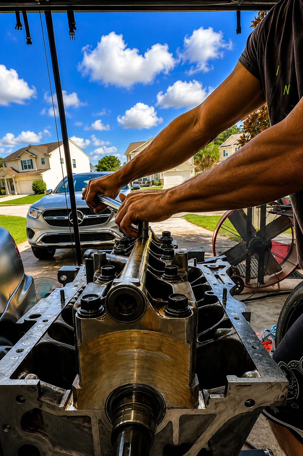 Torquing the main caps with a ratchet, blue sky over the driveway