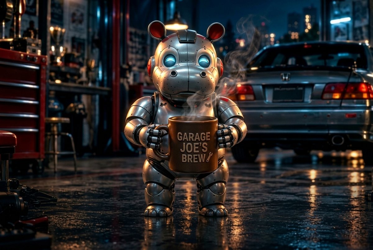 Hank the chrome hippo holding a steaming coffee mug in the night garage