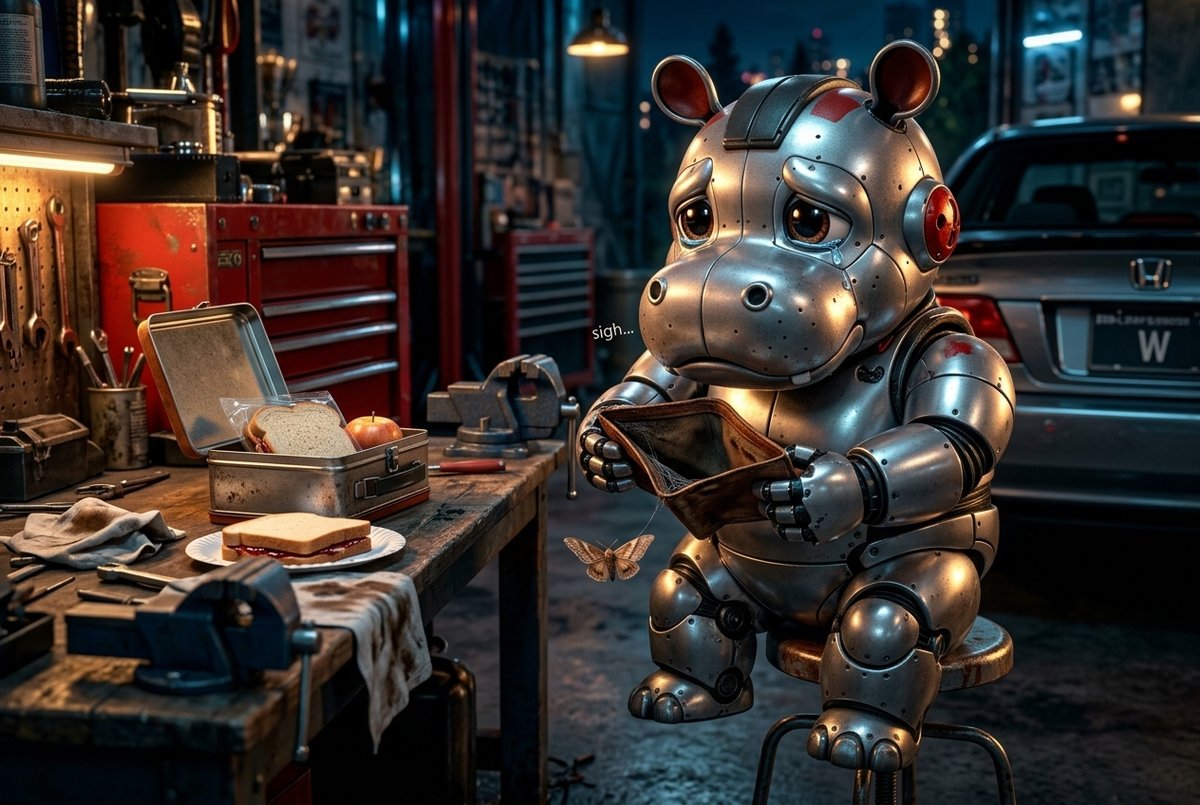 Hank the chrome hippo at lunch holding open an empty wallet